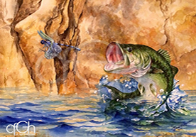 A watercolor painting of a dragonfly escaping a jumping fish.