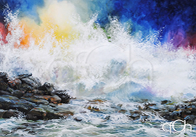 Watercolor painting of waves crashing on a rocky shore.